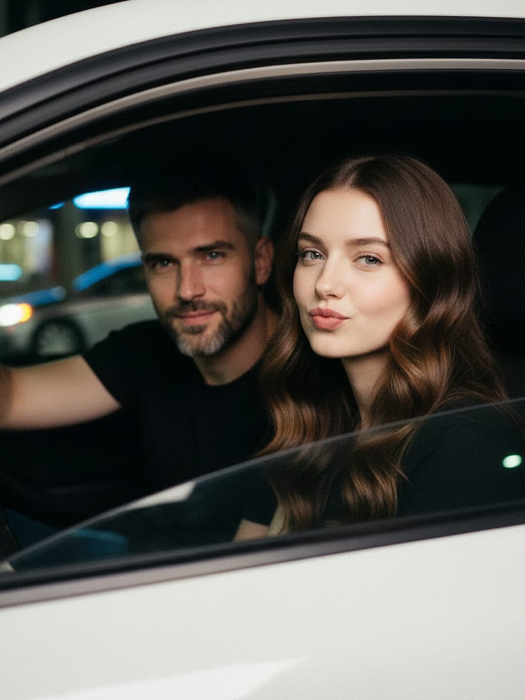 Ночной кадр пары в машине